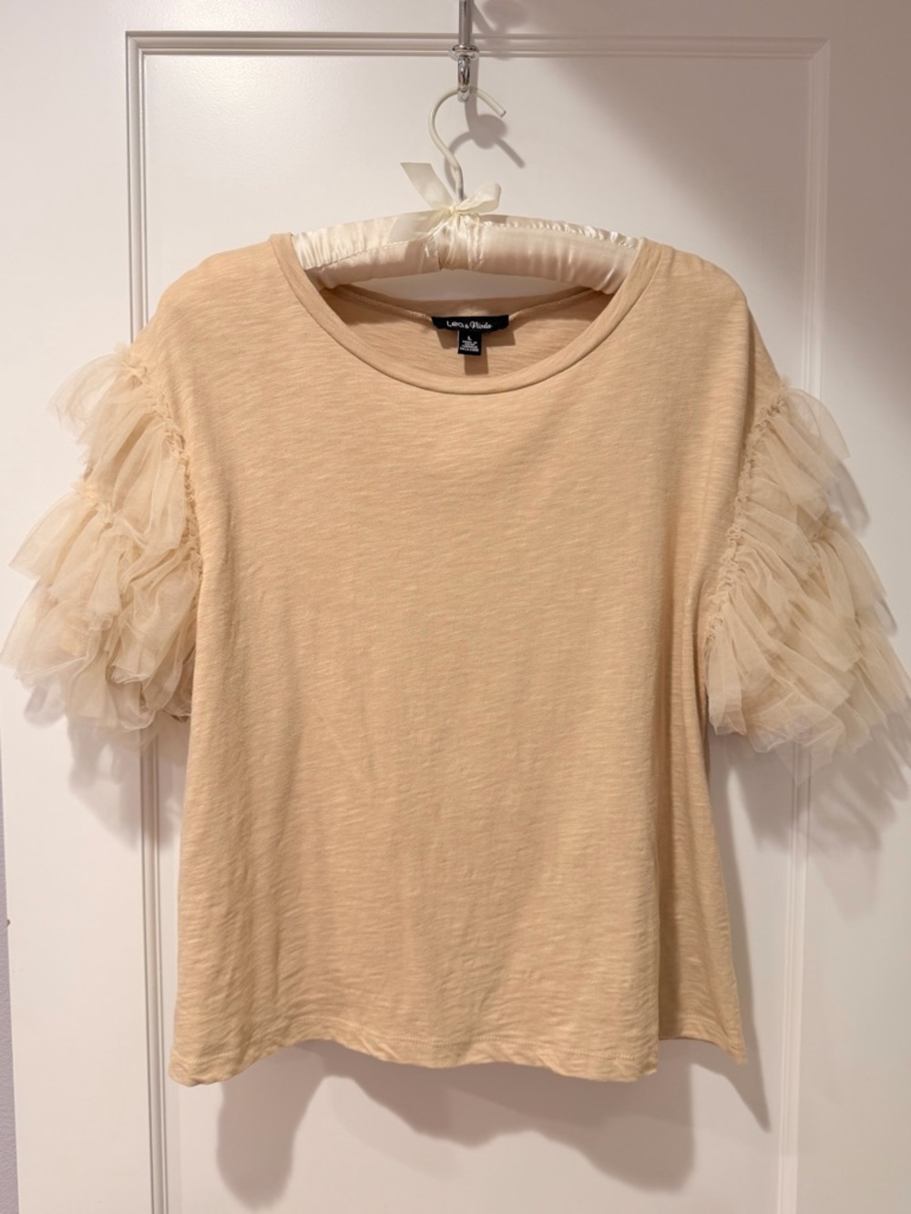 EUC Lea & Viola Tulle-Sleeve Top Anthropologie Cream L 100% cotton t-shirt tan